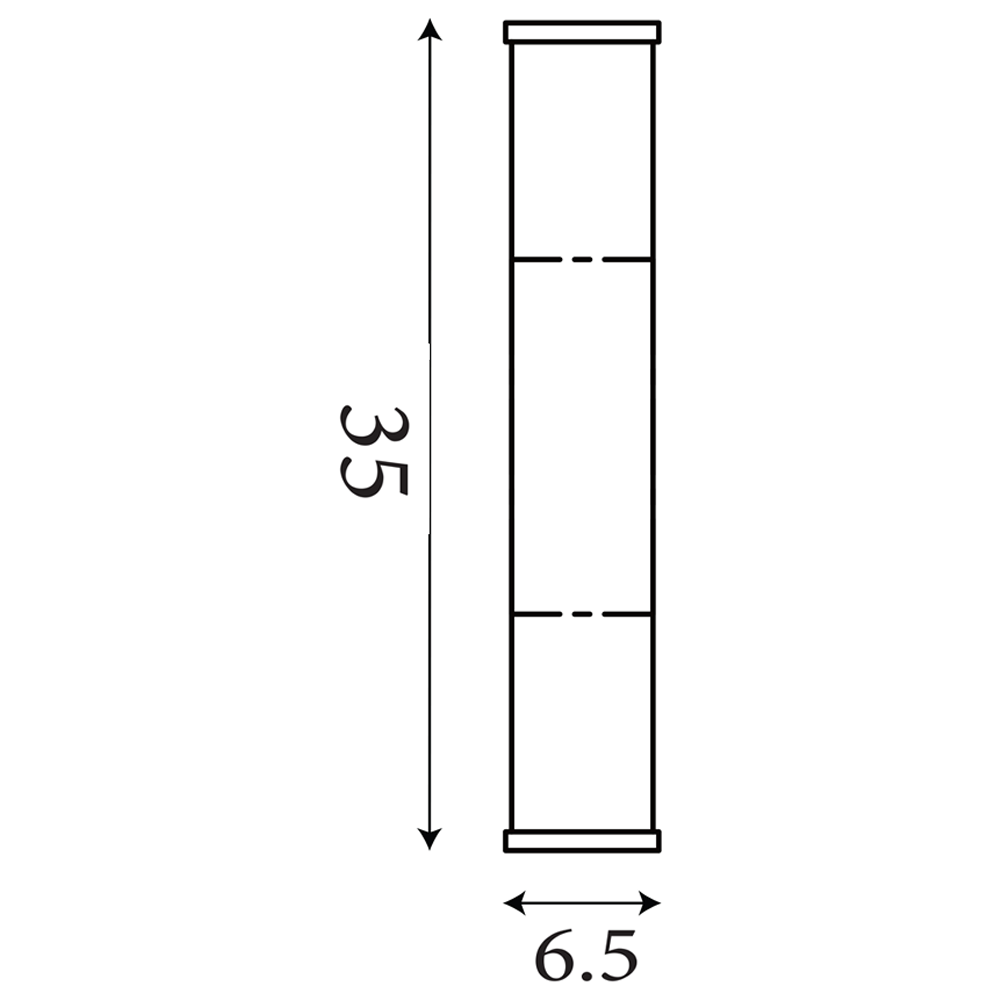 Line drawing of the tall cylindrical wall light showing its diffuser in a slim vertical form, with measurements of 35 cm height and 6.5 cm width.