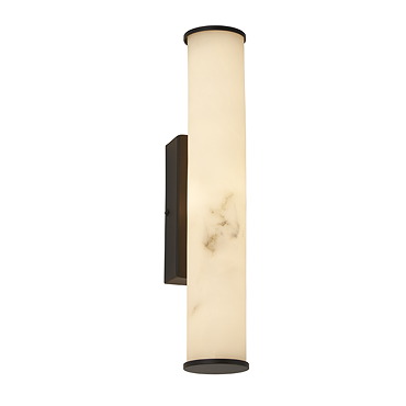 A tall wall light with a white marble‑effect cylindrical diffuser mounted on a black rectangular backplate, shown switched off.
