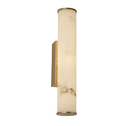 A tall wall light with a glowing marble‑effect cylindrical diffuser mounted on a gold rectangular backplate.