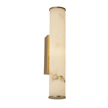 A tall wall light with a white marble‑effect cylindrical diffuser mounted on a matt gold rectangular backplate, shown switched off.
