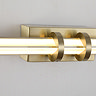 Close‑up of the satin brass wall light showing the clear glass diffuser held by two brass circular brackets on the rectangular backplate.