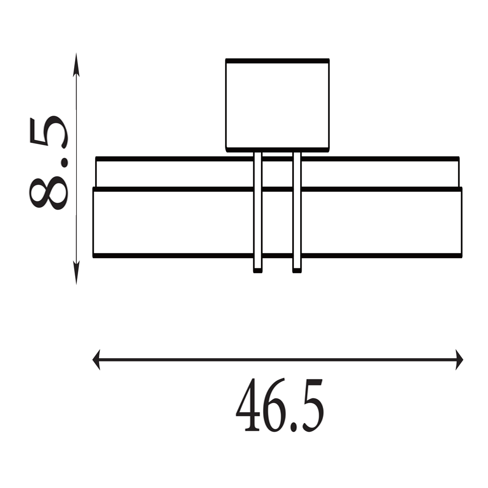 Line drawing of a slim horizontal wall light with a rectangular backplate and two side brackets holding a diffuser, measuring 46.5 cm wide and 8.5 cm tall.