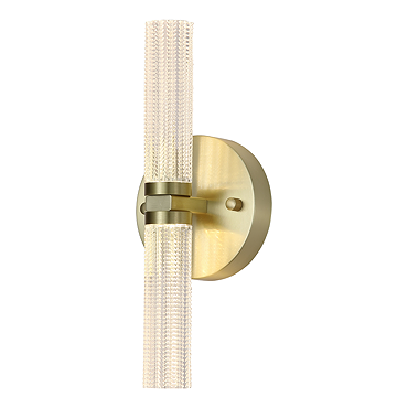 This image shows a modern wall‑mounted light fixture that is turned off. It has a cylindrical light bar running vertically, with textured clear acrylic. The cylinder is attached at the centre to a round satin‑brass metal base, giving it a sleek and elegant appearance. 