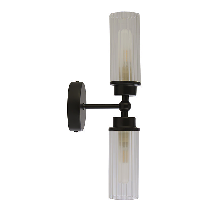 A matt black up‑and‑down wall light featuring two clear ribbed glass shades, one pointing up and one down, shown switched off.