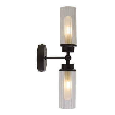 A matt black up‑and‑down wall light featuring two clear ribbed glass shades, one pointing up and one down, shown switched off.