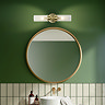 A satin brass up‑and‑down wall light with two ribbed glass shades mounted above a round mirror in a bathroom with green and tiled walls, casting a warm glow over the basin area.