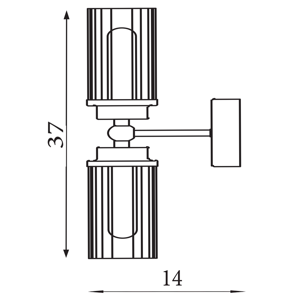 Line drawing of an up‑and‑down wall light with two ribbed glass cylinders, showing measurements of 37 cm height and 14 cm width.