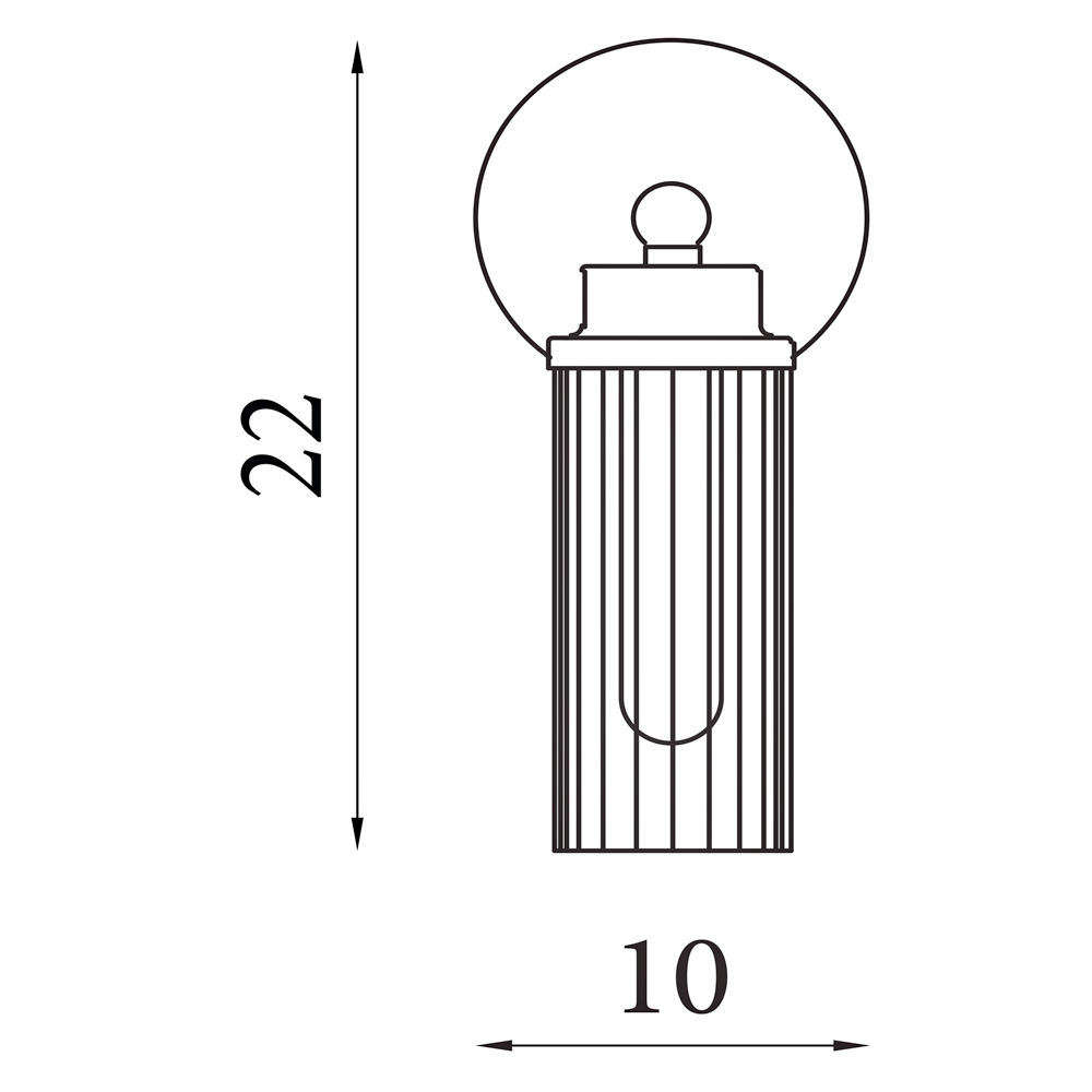 Line drawing of a cylindrical ribbed‑glass wall light with a round top section, showing measurements of 22 cm height and 10 cm width.