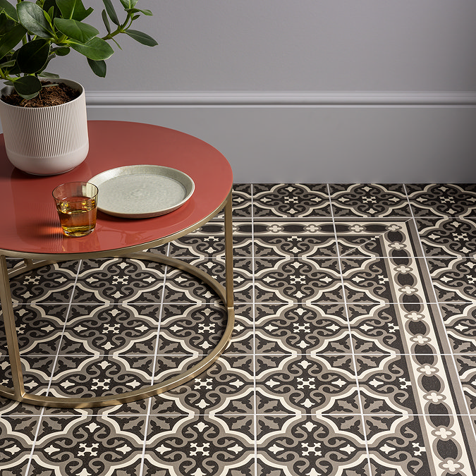 Etienne Black Border Patterned Wall and Floor Tiles - 200 x 200mm