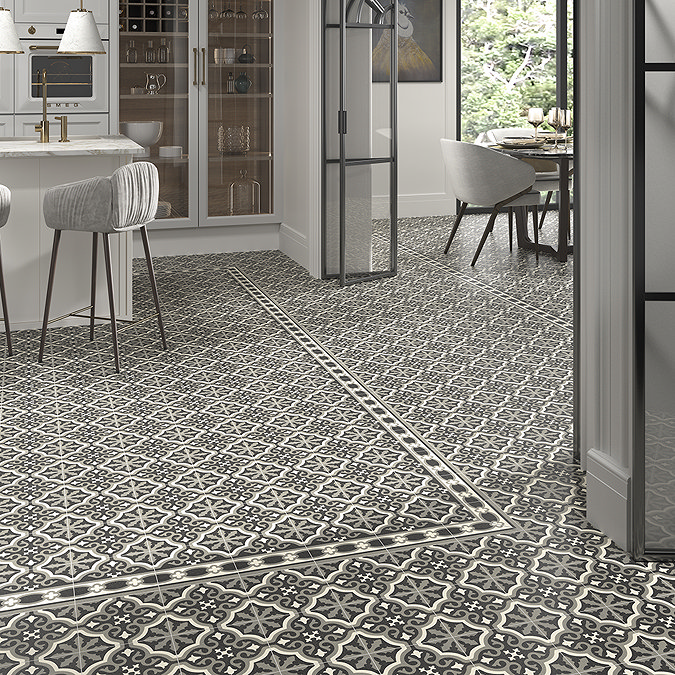Etienne Black Border Patterned Wall and Floor Tiles - 200 x 200mm