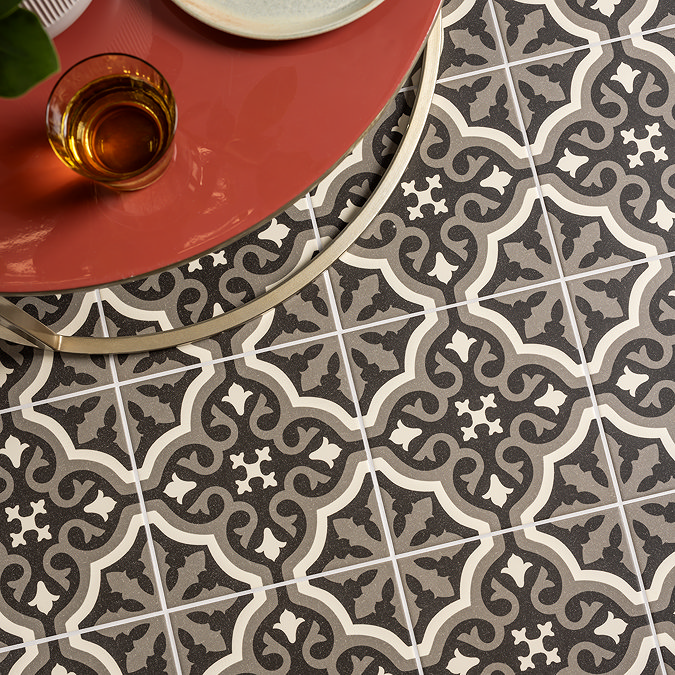 Etienne Black Patterned Wall and Floor Tiles - 200 x 200mm