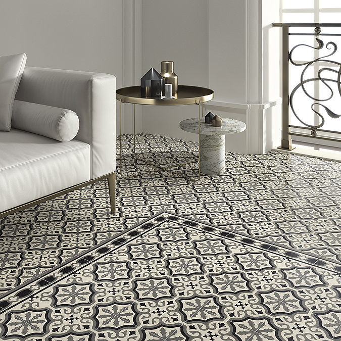 Etienne White Border Patterned Wall and Floor Tiles - 200 x 200mm