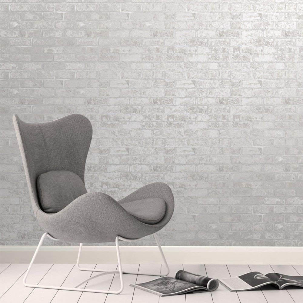 Fine Decor Loft Brick White Metallic Wallpaper