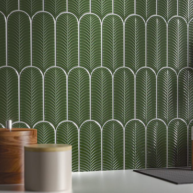 Stonehouse Studio Fiorella Green Scallop & Feather Gloss Wall Tiles - 80 x 215mm
