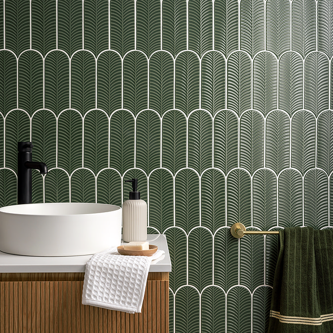 Stonehouse Studio Fiorella Green Scallop & Feather Gloss Wall Tiles - 80 x 215mm