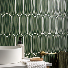 Stonehouse Studio Fiorella Green Scallop & Feather Gloss Wall Tiles - 80 x 215mm