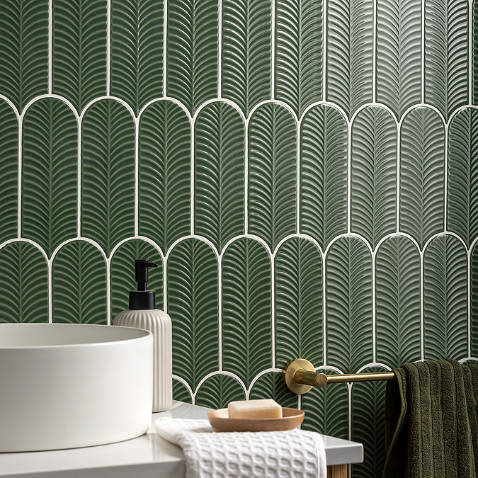 Stonehouse Studio Fiorella Green Scallop & Feather Gloss Wall Tiles - 80 x 215mm
