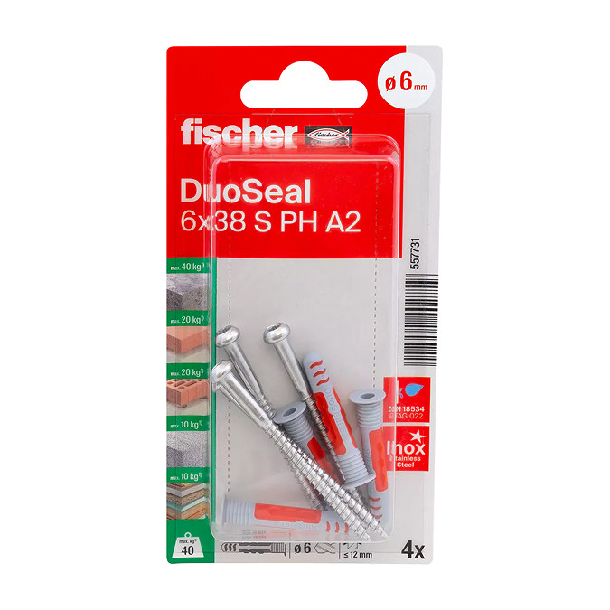 Fischer DuoSeal 6mm x 38mm Plug & Screw Kit (Pack of 4)