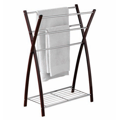 Dark Brown & Chrome Floorstanding X-Shaped 5 Rail Towel Stand with Shelf Large Image