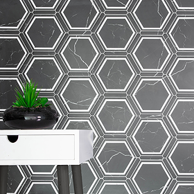 Forio Hexagon Black Marble Effect Tiles - 220 x 250mm