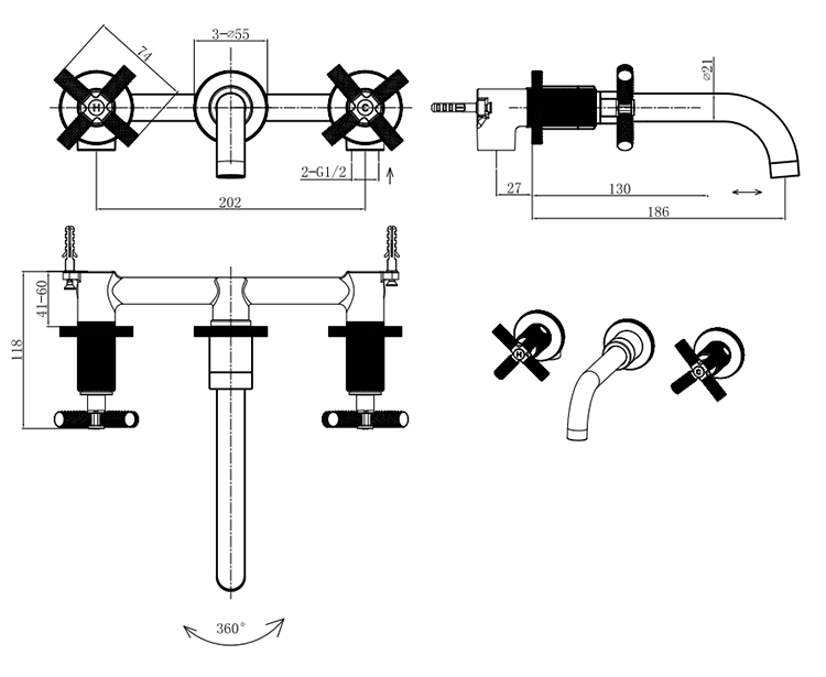 Foundry Wall Mounted 3 Hole Basin Mixer Tap Brushed Brass