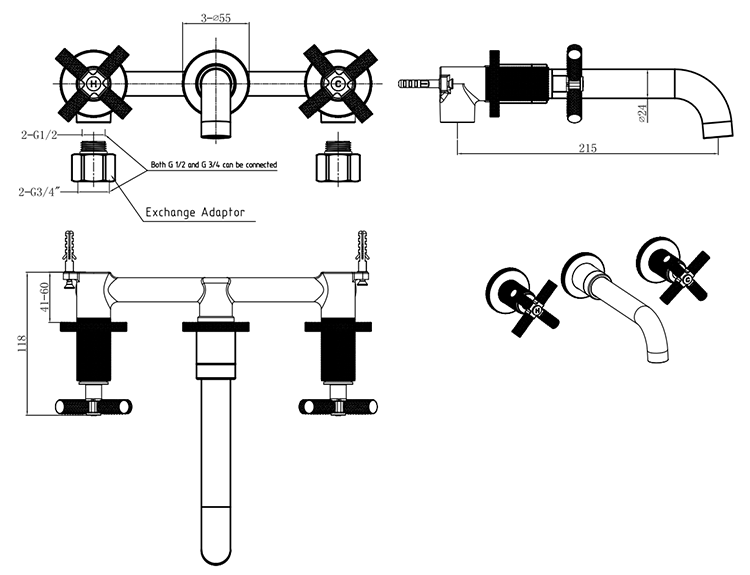 Foundry Wall Mounted 3 Hole Bath Mixer Tap Brushed Brass