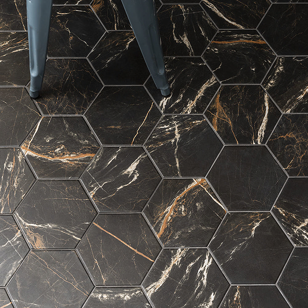 Gatley Hexagon Black Marble Effect Tiles - 200 x 240mm
