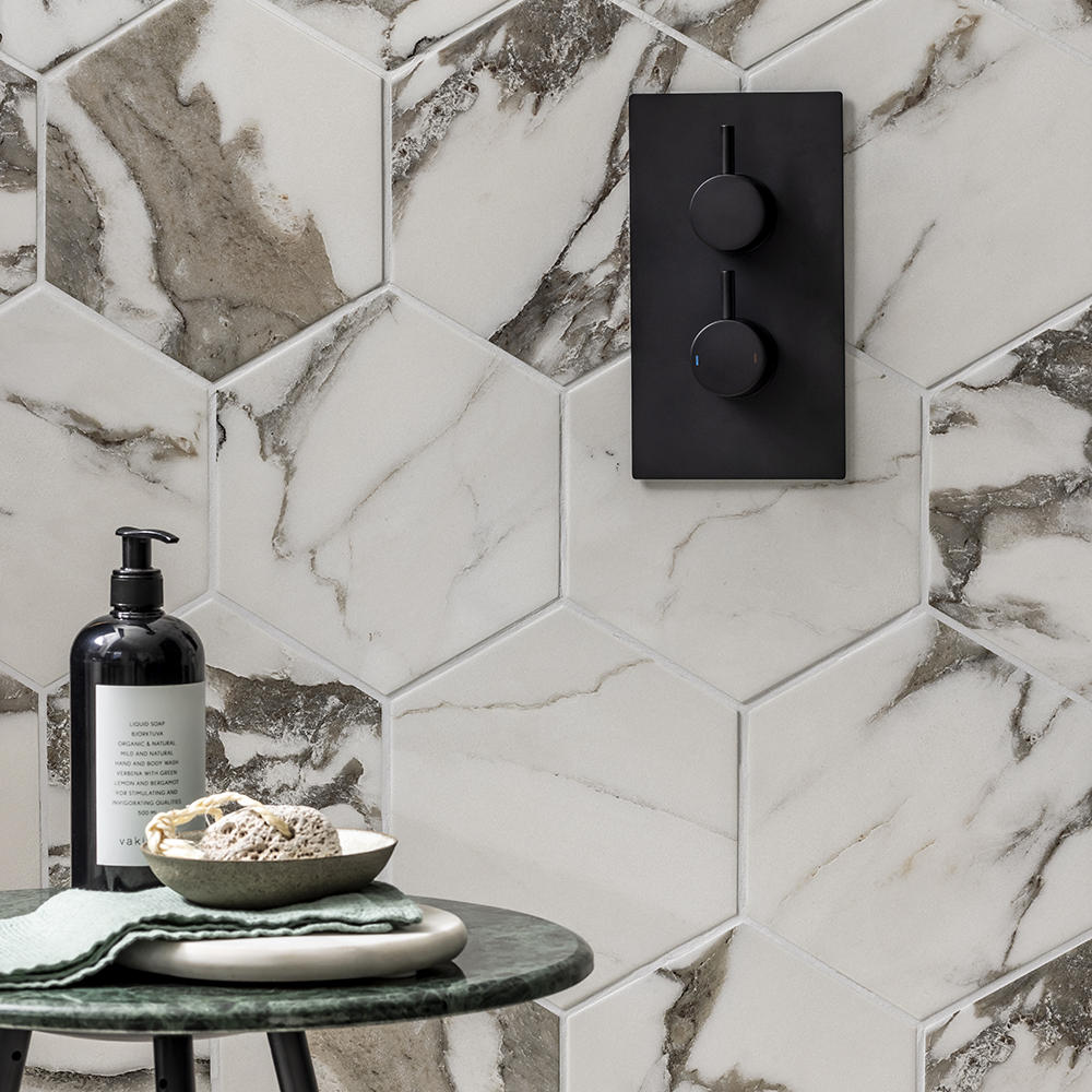 Gatley Hexagon Grey Marble Effect Tiles 200 x 240mm