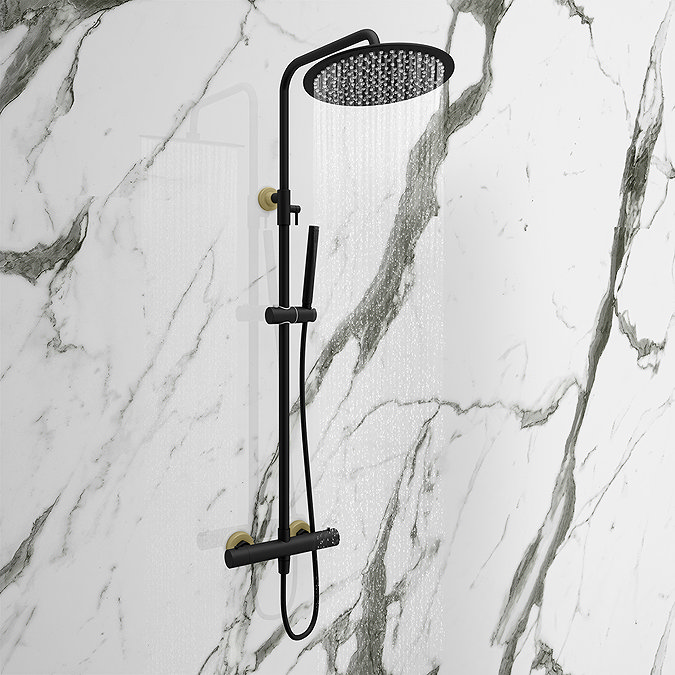 Gatsby Deluxe Cool Touch Round Thermostatic Shower (300mm Head - Matt Black & Brushed Brass)