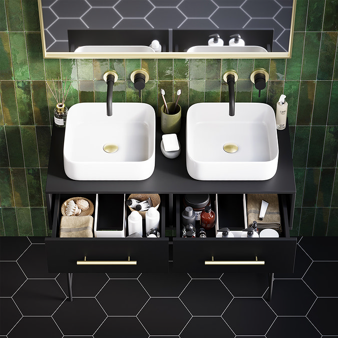 Gatsby Matt Black 1000 2-Drawer Countertop Vanity Unit with Brushed Brass Handles & 2 Square Basins
