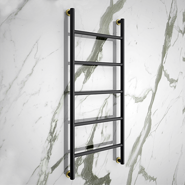 Gatsby Matt Black 1200 x 500 Heated Towel Rail with Brushed Brass Plates