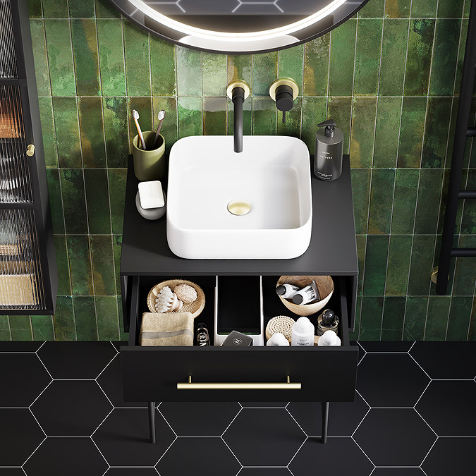 Gatsby Matt Black 600 Drawer Countertop Vanity Unit with Brushed Brass Handle & Square Basin