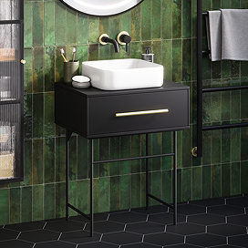 Gatsby Matt Black 600 Drawer Countertop Vanity Unit with Brushed Brass Handle & Square Basin