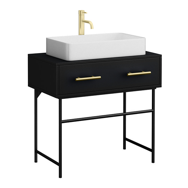 Gatsby Matt Black 800 Drawer Countertop Vanity Unit with Brushed Brass Handles & Rectangular Basin