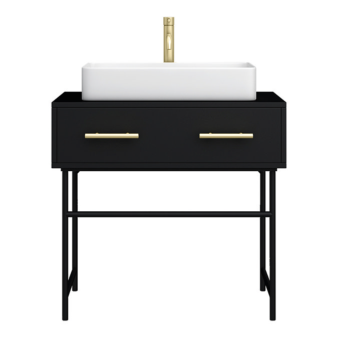 Gatsby Matt Black 800 Drawer Countertop Vanity Unit with Brushed Brass Handles & Rectangular Basin