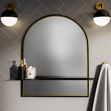 Gatsby Matt Black & Brushed Brass Arched Mirror with Shelf