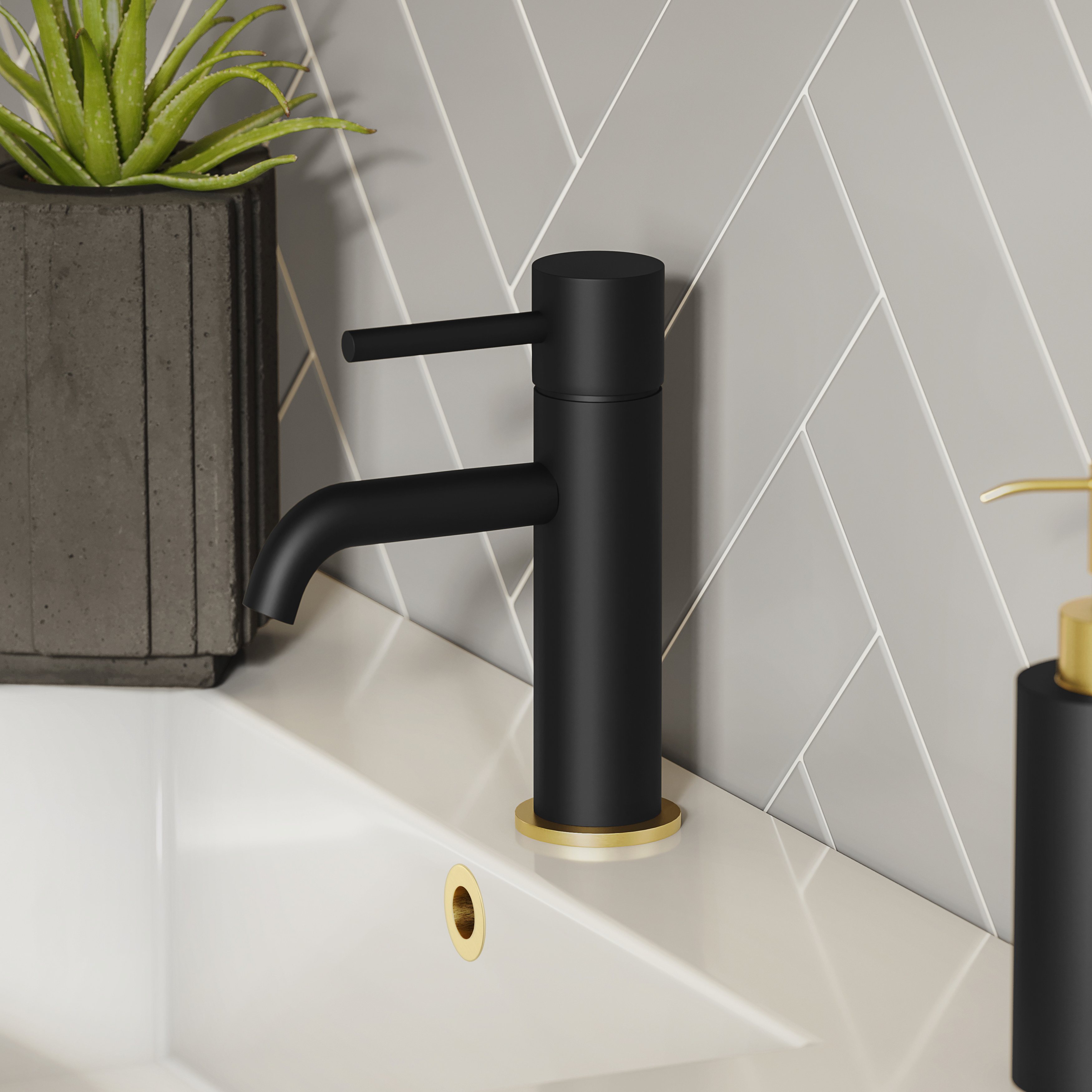 Gatsby Matt Black & Brushed Brass Round Mono Basin Mixer Tap ...