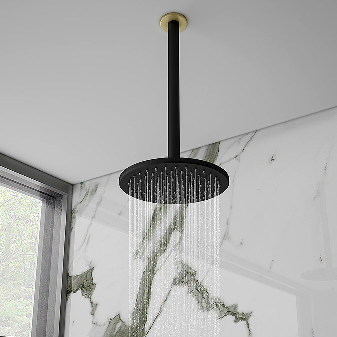 Gatsby Matt Black & Brushed Brass Round Thermostatic Shower Pack with Ceiling Mounted Head + Handset