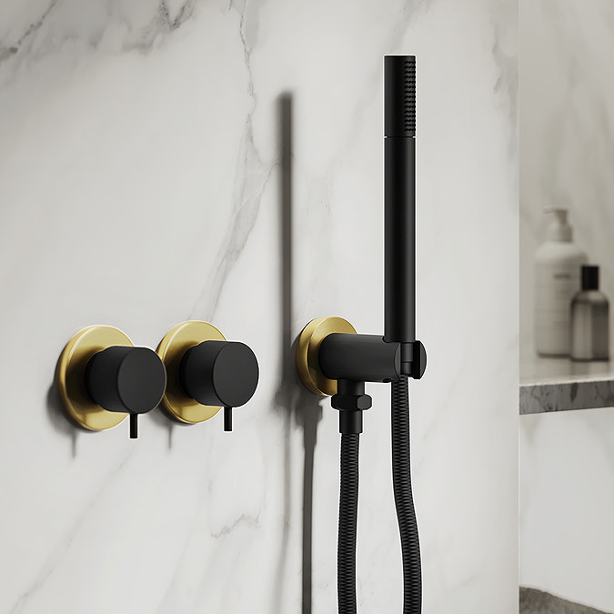 Gatsby Matt Black & Brushed Brass Round Thermostatic Shower Pack with Ceiling Mounted Head + Handset