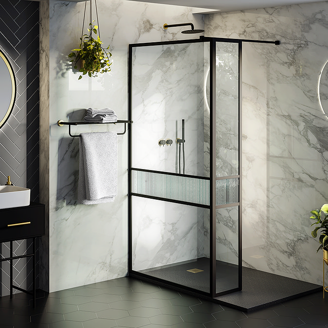 Gatsby Matt Black & Brushed Brass Round Thermostatic Shower Pack with Head + Handset