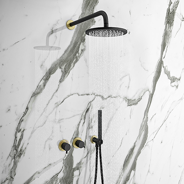 Gatsby Matt Black & Brushed Brass Round Thermostatic Shower Pack with Head + Handset