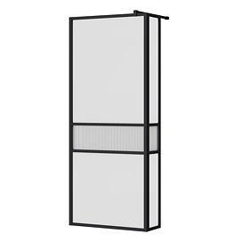 Gatsby Matt Black Framed Wetroom Screen with Fluted Glass, 300mm Return + Support Arm 800mm