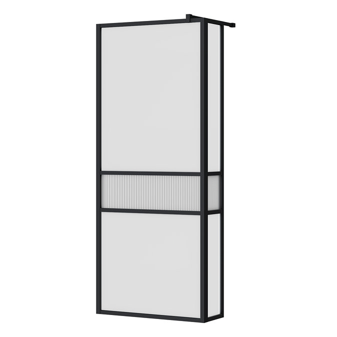 Gatsby Matt Black Framed Wetroom Screen with Fluted Glass, 300mm Return + Support Arm 800mm
