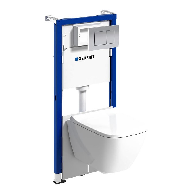 Geberit 112cm Frame with Delta30 Flush Plate + Smyle Compact Rimless Wall Hung Pan with Soft Close Seat