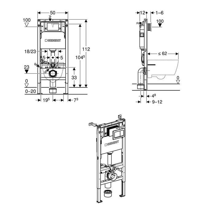 Geberit Alpha 112cm Frame & Cistern with Brass Round Flush Plate