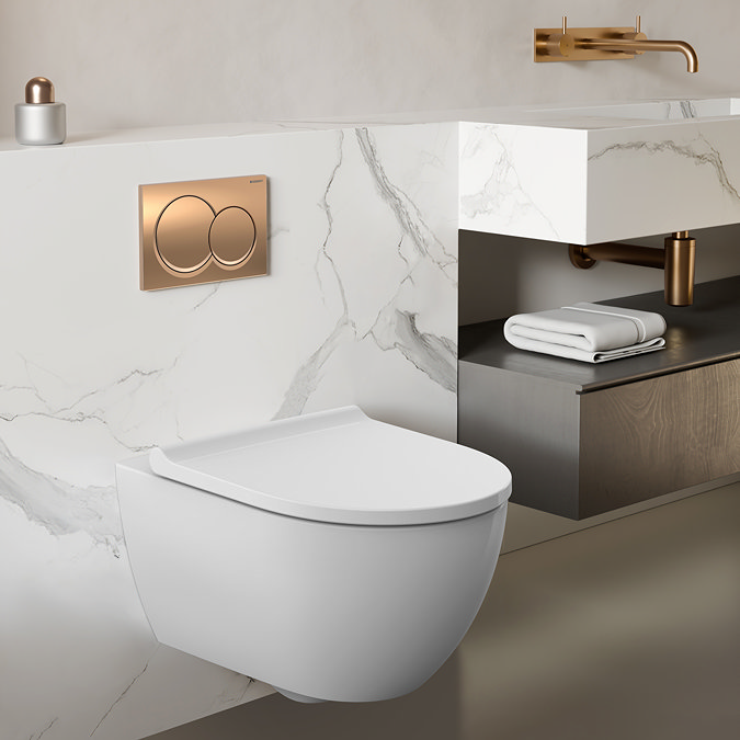 Geberit Alpha 82cm Frame & Cistern with Red Gold Round Flush Plate
