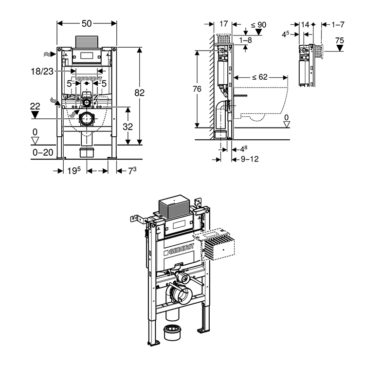 Geberit Duofix WC Frame 82cm with Alpha Concealed Cistern 12cm