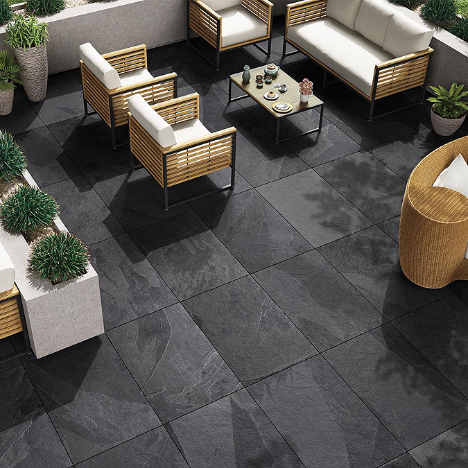 Grado Black Outdoor Stone Effect Floor Tile - 600 x 900mm Large Image