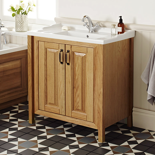 Bathroom Oak Vanity Unit Corner Oak Sink Cabinet Ceramic Wash