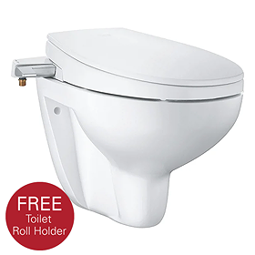 Grohe Bau 2-in-1 Manual Bidet Seat & Rimless Wall Hung Toilet + FREE QUICKFIX TOILET ROLL HOLDER